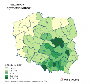 Wizualizacja zagęszczenia punktów adresowych w obszarach konkursowych POPC 1.1